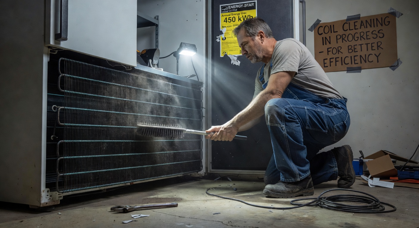 Cleaning refrigerator condenser coils at the back or base of the refrigerator with a vacuum and brush