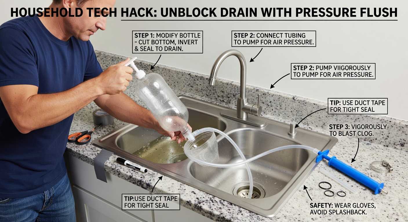 Clearing a blocked household drain — a common repair problem covered in our household tech hacks guide