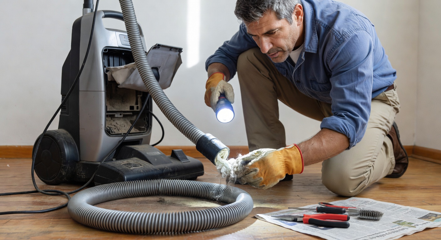 Inspecting the vacuum cleaner hose by holding it up to a light source to check for blockages and kinks