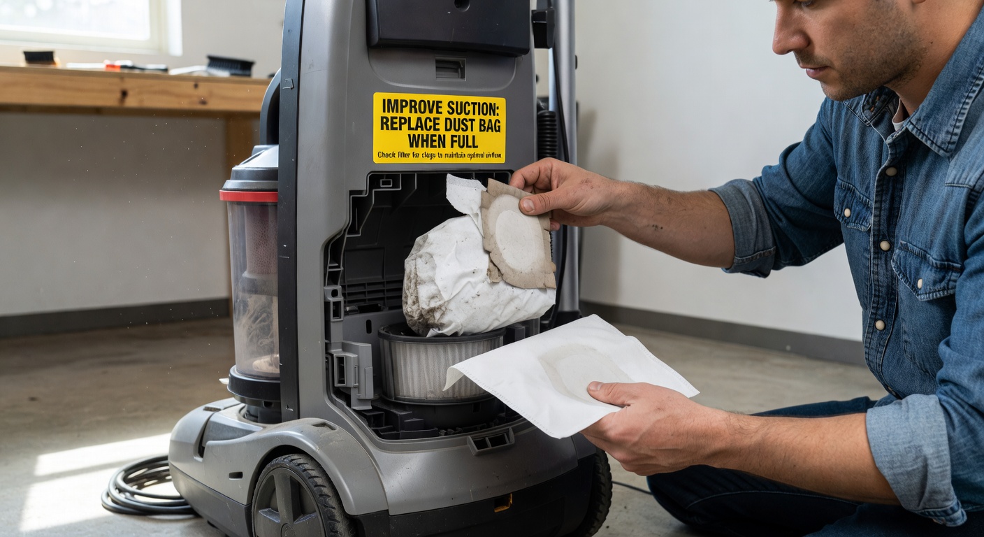 Removing and replacing a full vacuum cleaner bag — a clean, contained process when done correctly