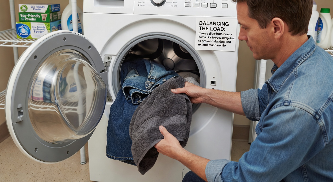 Correctly balanced laundry load inside the washing machine drum — items spread evenly to prevent vibration