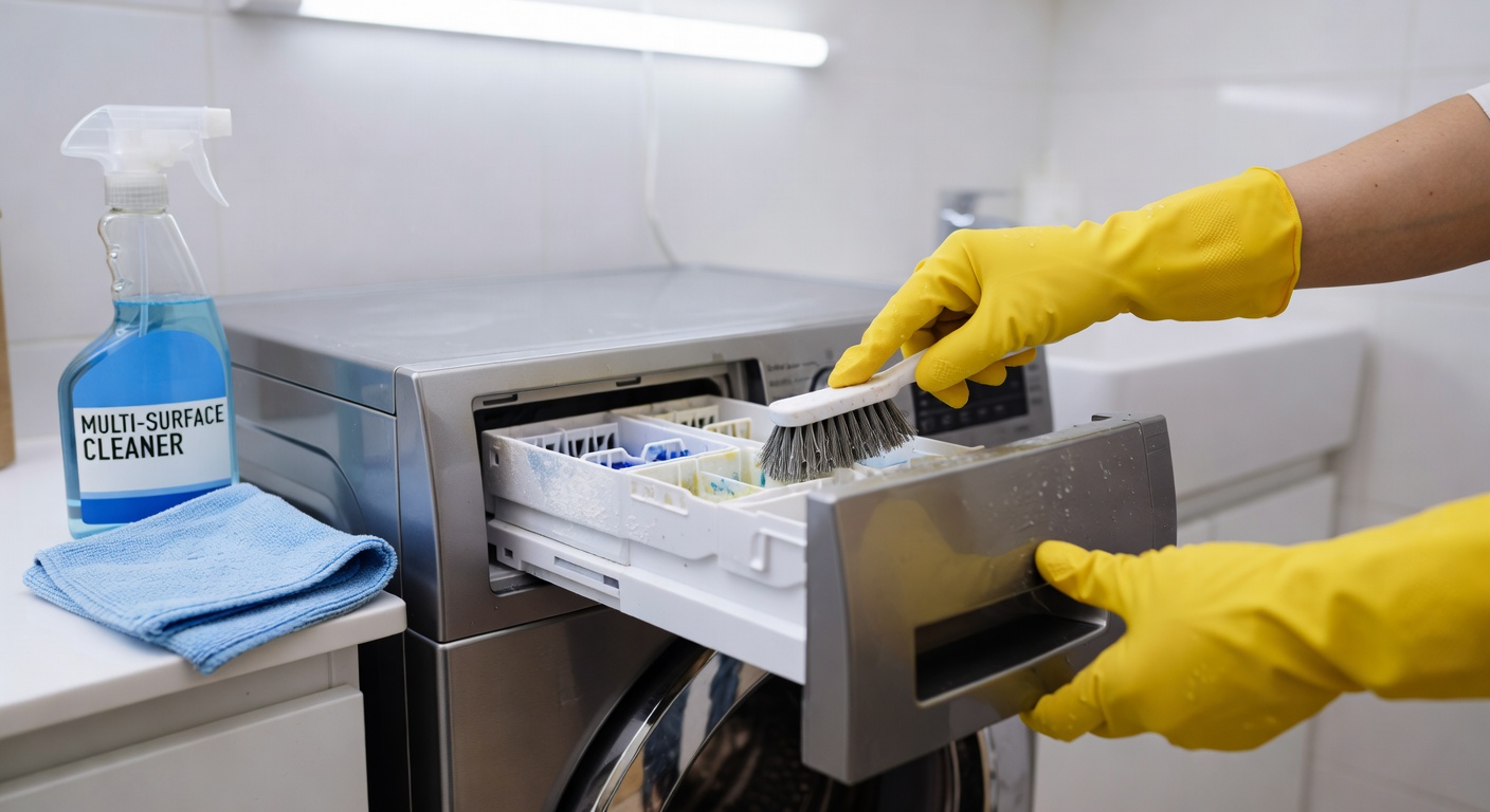 Cleaning the washing machine dispenser drawer under running water to remove detergent and softener residue