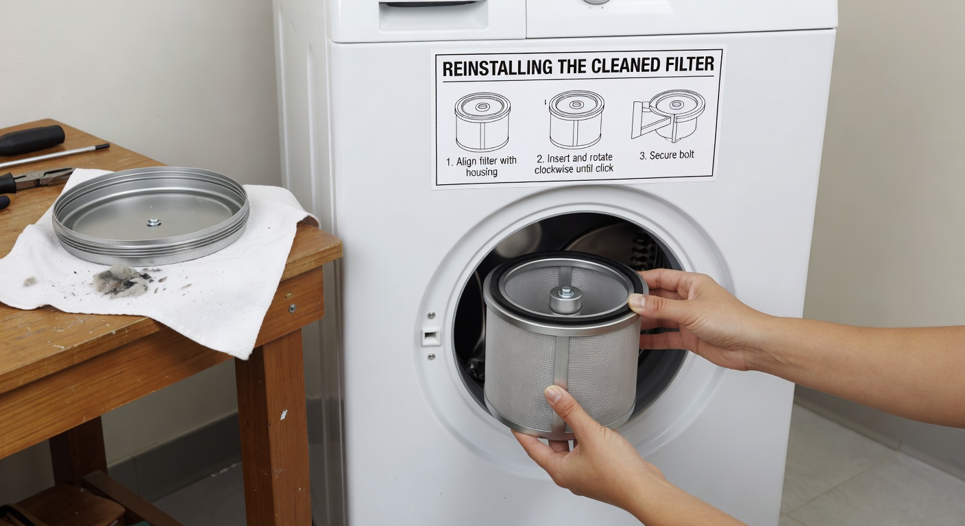 Carefully reinstalling the clean pump filter into the washing machine housing and tightening it securely