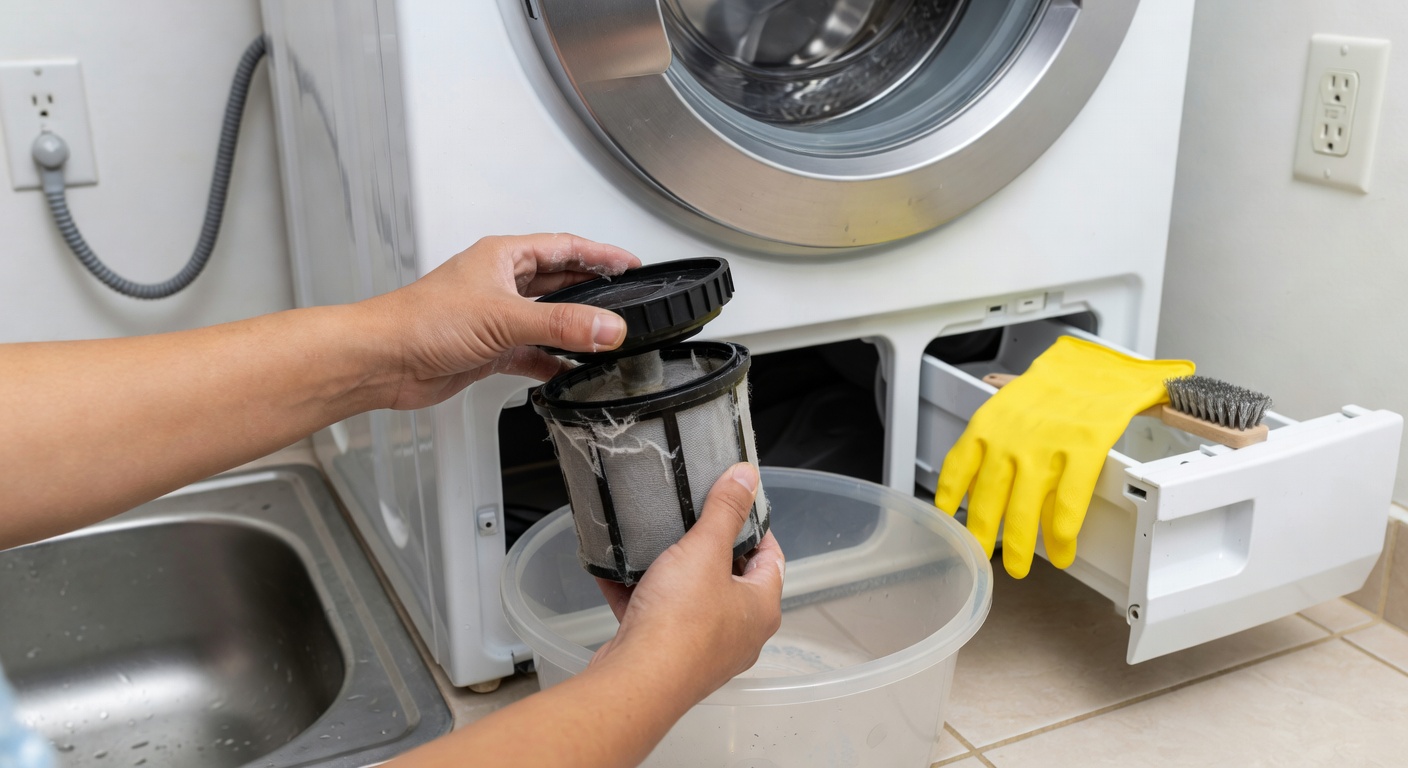 Unscrewing and removing the washing machine pump filter cap from the lower front access panel